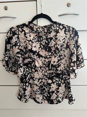 Express Black Floral Pink Flutter Sleeve Blouse